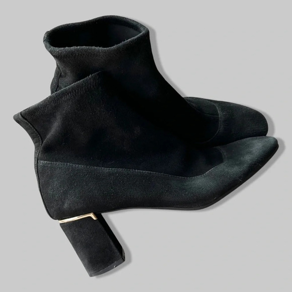 Cole Haan Laree Stretch Black Suede Sock Booties  with Gold Bar - Picture 1 of 16
